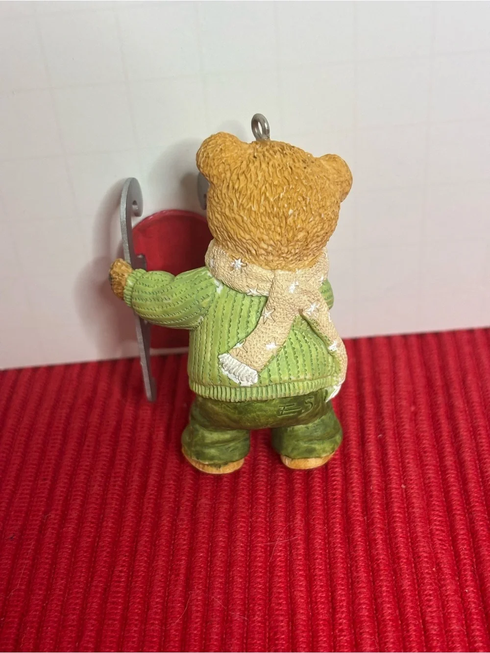 Hallmark Dexter Next Bear Ornament in Green Sweater with Red Sled